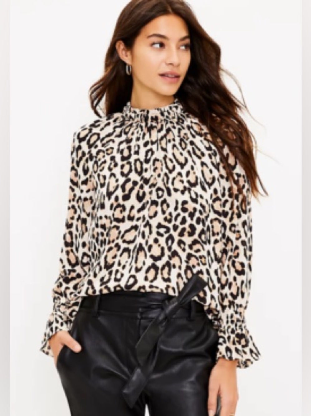 LOFT Women’s Leopard Print Pleated Long Sleeve Smocked Blouse